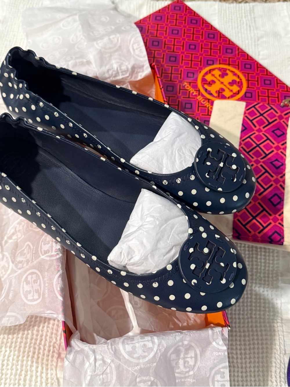Tory Burch Navy Leather Polka Dot Logo Ballet Flats